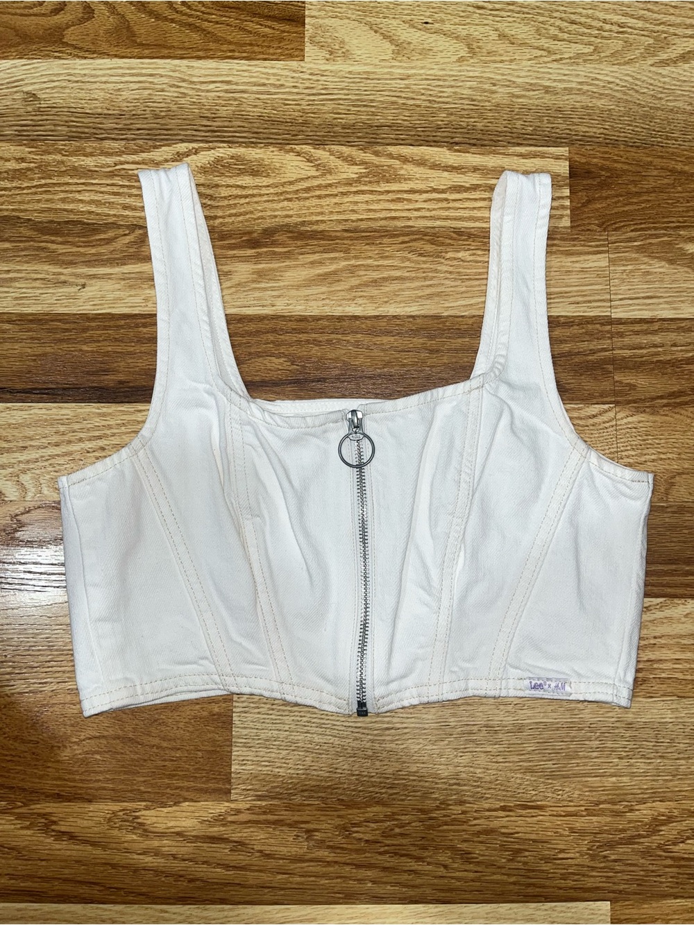 Lee x H&M White Denim Corset Crop Top Size S Zip Front Bustier Y2K